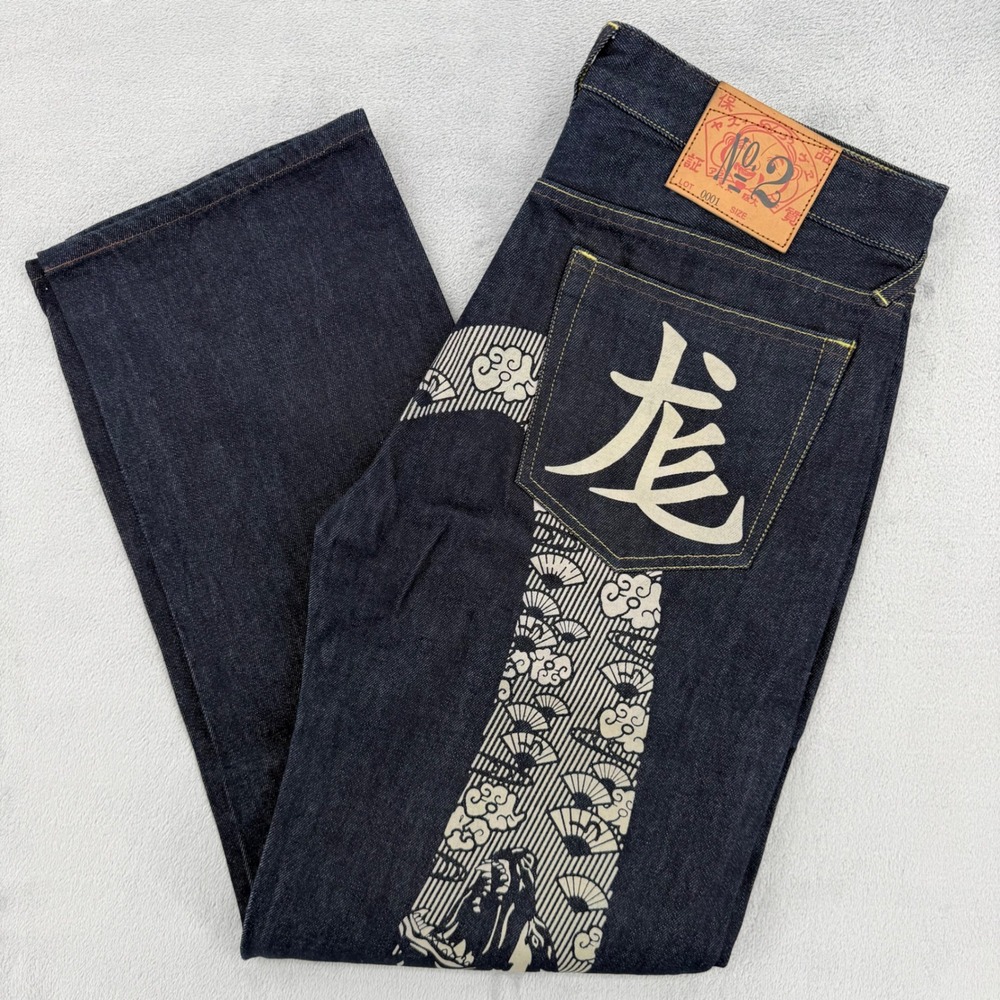 Evisu No 2 Lot 2000 Mens Indigo Raw Denim Straight Leg Jeans Graphic Back Sz 34